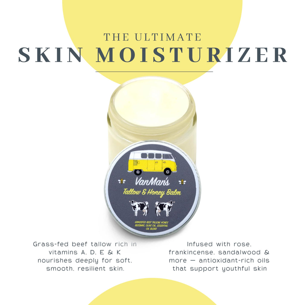 Vanman's Tallow and Honey Balm in a yellow jar, promoting skin nourishment with natural ingredients and antioxidants.