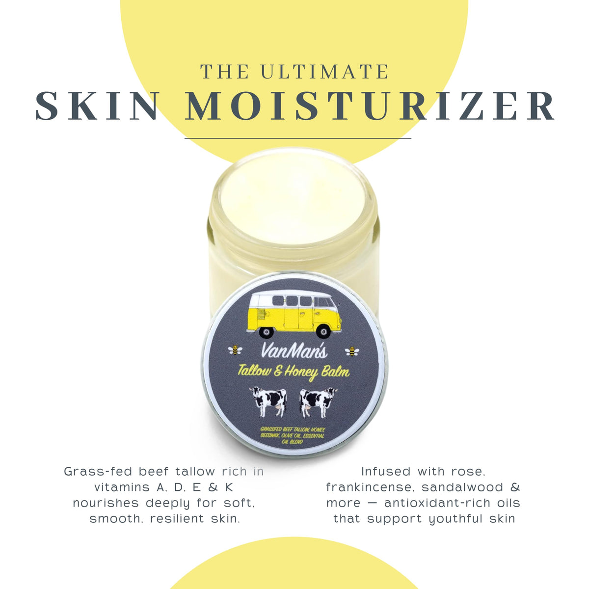 Vanman's Tallow and Honey Balm in a yellow jar, promoting skin nourishment with natural ingredients and antioxidants.