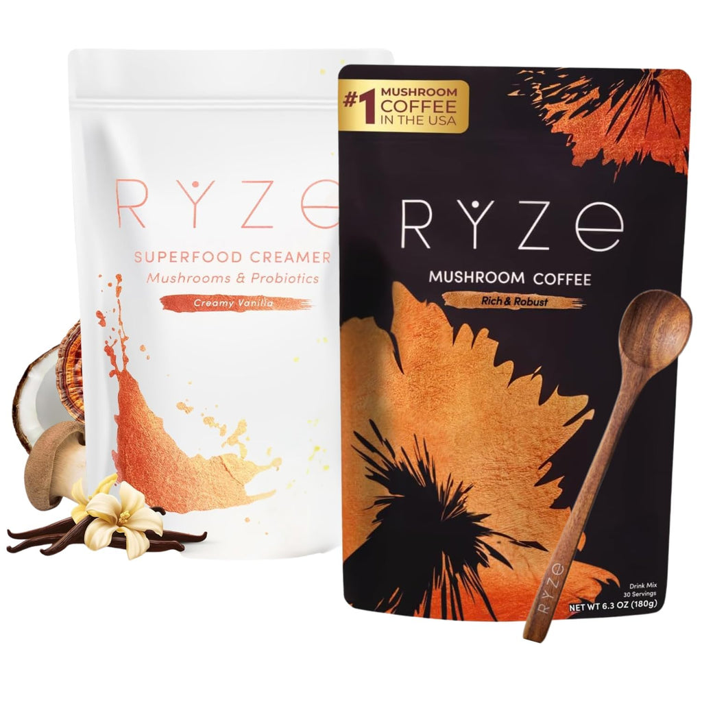 RYZE n Shine Bundle, Mushroom Coffee & Probiotic Creamer, 30 Servings | Medium Roast, 6 Organic Adaptogenic Mushrooms like Lion's Mane, Turkey Tail & Cordyceps, Supports Energy, Focus & Gut Health