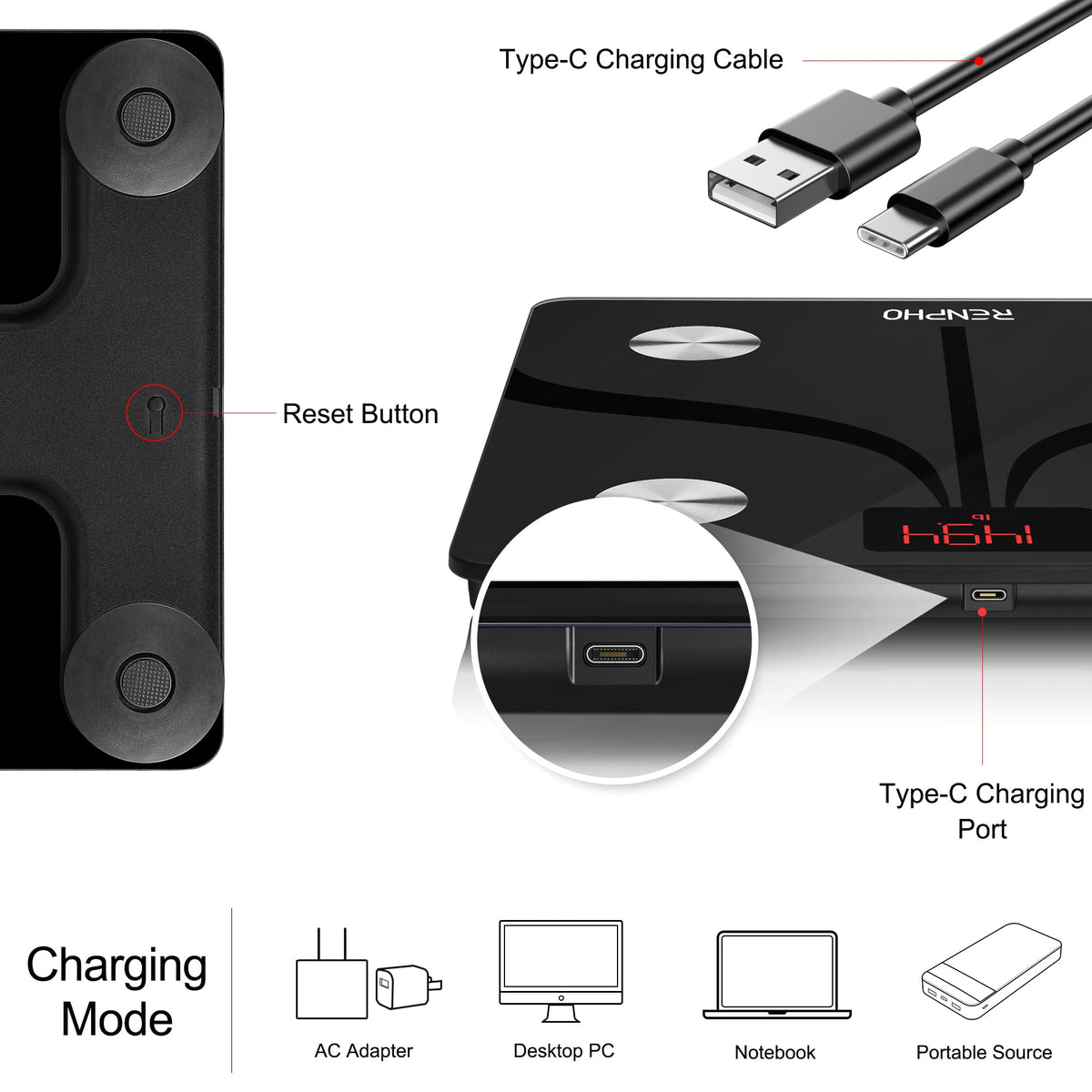 RENPHO Elis 1 Smart Scale, USB-C Rechargeable, 13 Body Metrics, 400lbs