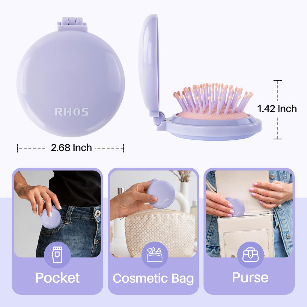 RHOS authentic folding brush with mirror. Lightweight design fits in pocket, purse, or cosmetic bag for on-the-go styling.