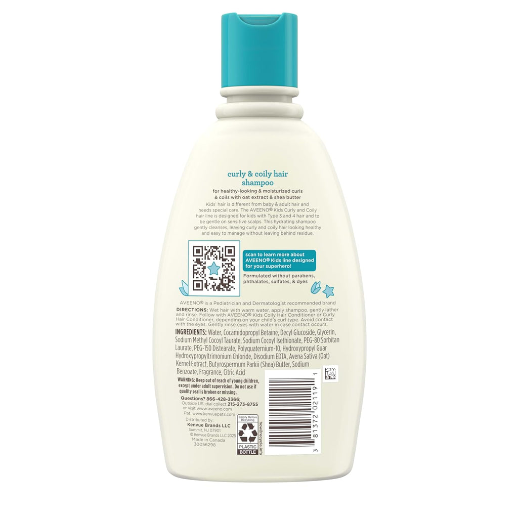 Buy now Aveeno Kids Curly & Coily Hair Shampoo, Hydrating Shampoo for Type 3 & 4 Hair, Kids Curly Hair Products suitable for Sensitive Scalps with Oat Extract & Shea Butter, Paraben-Free, 12 fl. oz at indiglob india