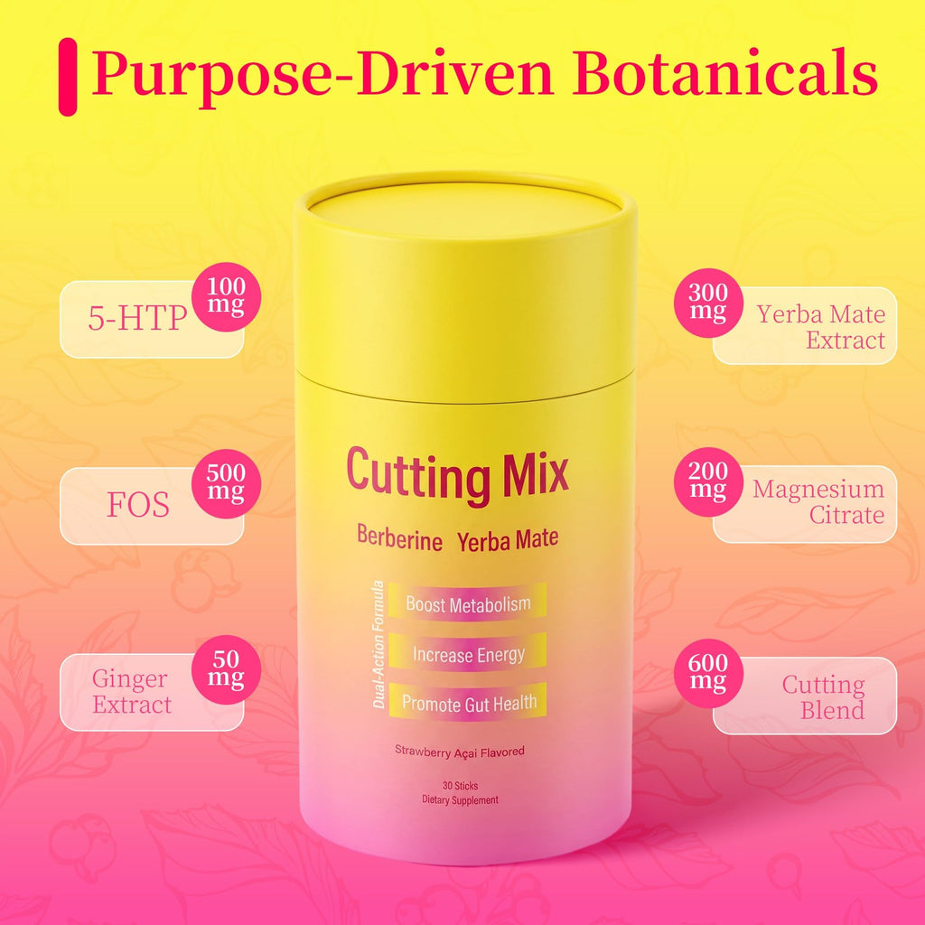 Cutting Drink Mix, Satiety & Craving Support Powder with Berberine, Chromium, FOS, Yerba Mate & 5-HTP, Sugar-Free Vegan Drink Mix, Strawberry Acai Flavor, 30 Individual Sticks
