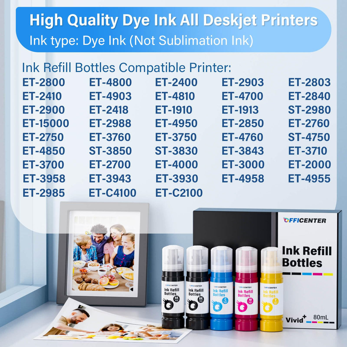 OFFICENTER T522 Ink Refill Bottles, 5‑Pack Refill Ink for ET-2800 ET-4800 ET-2400 ET-2903 ET-2803 ET-2410 ET-4903 ET-2900 ET-2400 Printers (2BK C M Y)