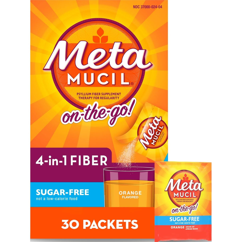 Metamucil On-The-Go, Psyllium Husk Fiber Supplement, 4-in-1 Fiber for Digestive Health, Sugar Free, Orange Flavor, 30 Count x 2 Packs (60 Count Total)