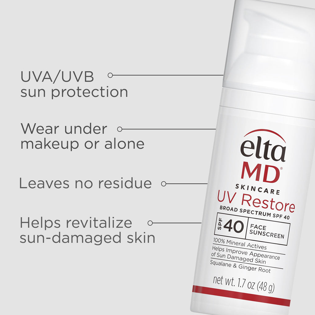 EltaMD UV Restore 100% Mineral Face Sunscreen For Mature Skin, SPF 40 | For Adults with Visible Sun Damage, Fine Lines, or Age Spots, Zinc Oxide Formula, Lightweight, Restores Skin Moisture