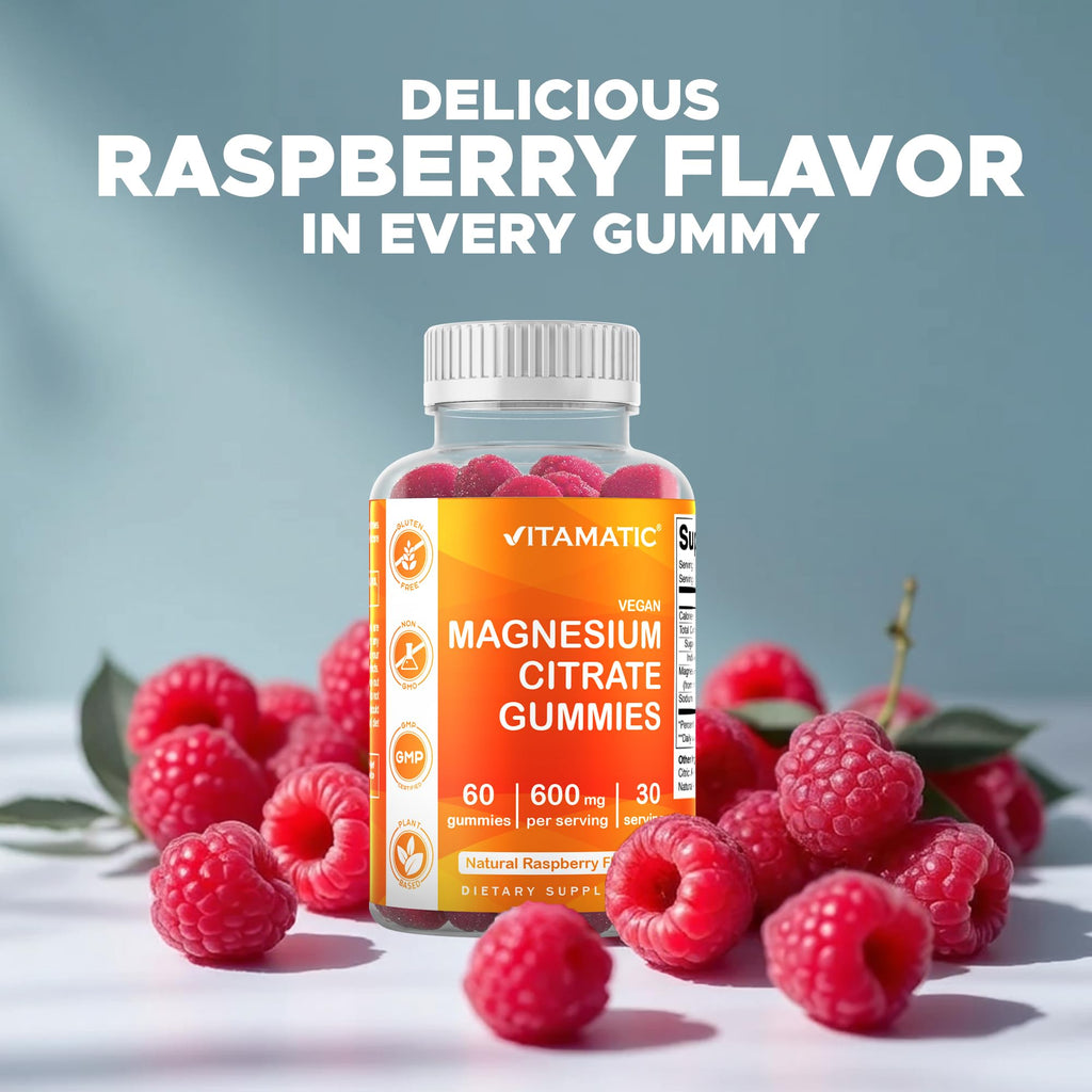 Vitamatic Magnesium Citrate Gummies, 600 mg, 60 Vegan Gummies | 600 mg Magneisum Citrate Per Serving with 70 mg of Elemental Mg, Natural Raspberry Flavor, Non-GMO, Gluten Free, Pectin Based