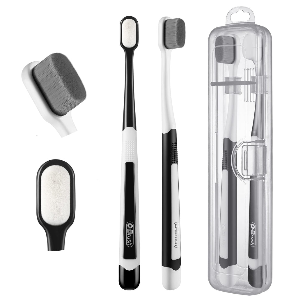 Ultra Extra Soft Toothbrush for Sensitive Gums, New Japanese 20,000 Micro Fine Nano Bristles Brush for Adults, Pregnant and Elderly, Portable Case for Travel, Black and White Color Pack of 2
