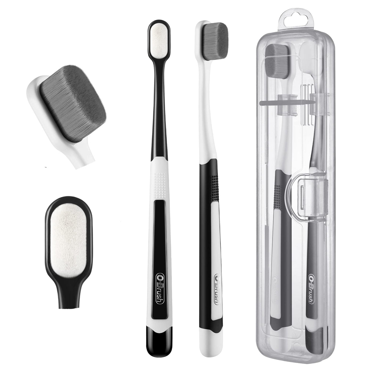 Ultra Extra Soft Toothbrush for Sensitive Gums, New Japanese 20,000 Micro Fine Nano Bristles Brush for Adults, Pregnant and Elderly, Portable Case for Travel, Black and White Color Pack of 2