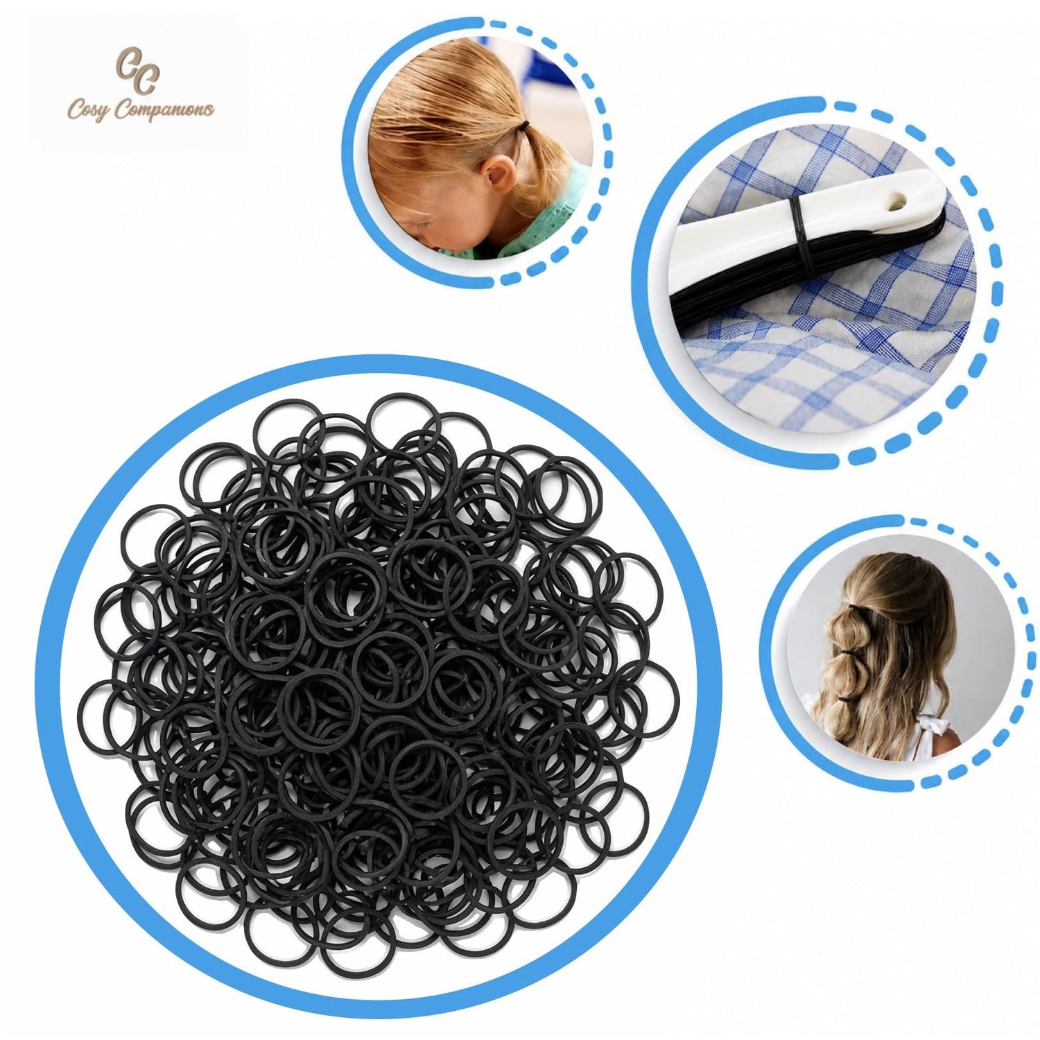 Cosy Companions 100x Black Rubber Bands For Hair, Small Elastic Hair Ties, Hair Bands No Damage, Tiny Hair Elastics, Hair Accessories For Braids, Mini, Little, Rubberbands