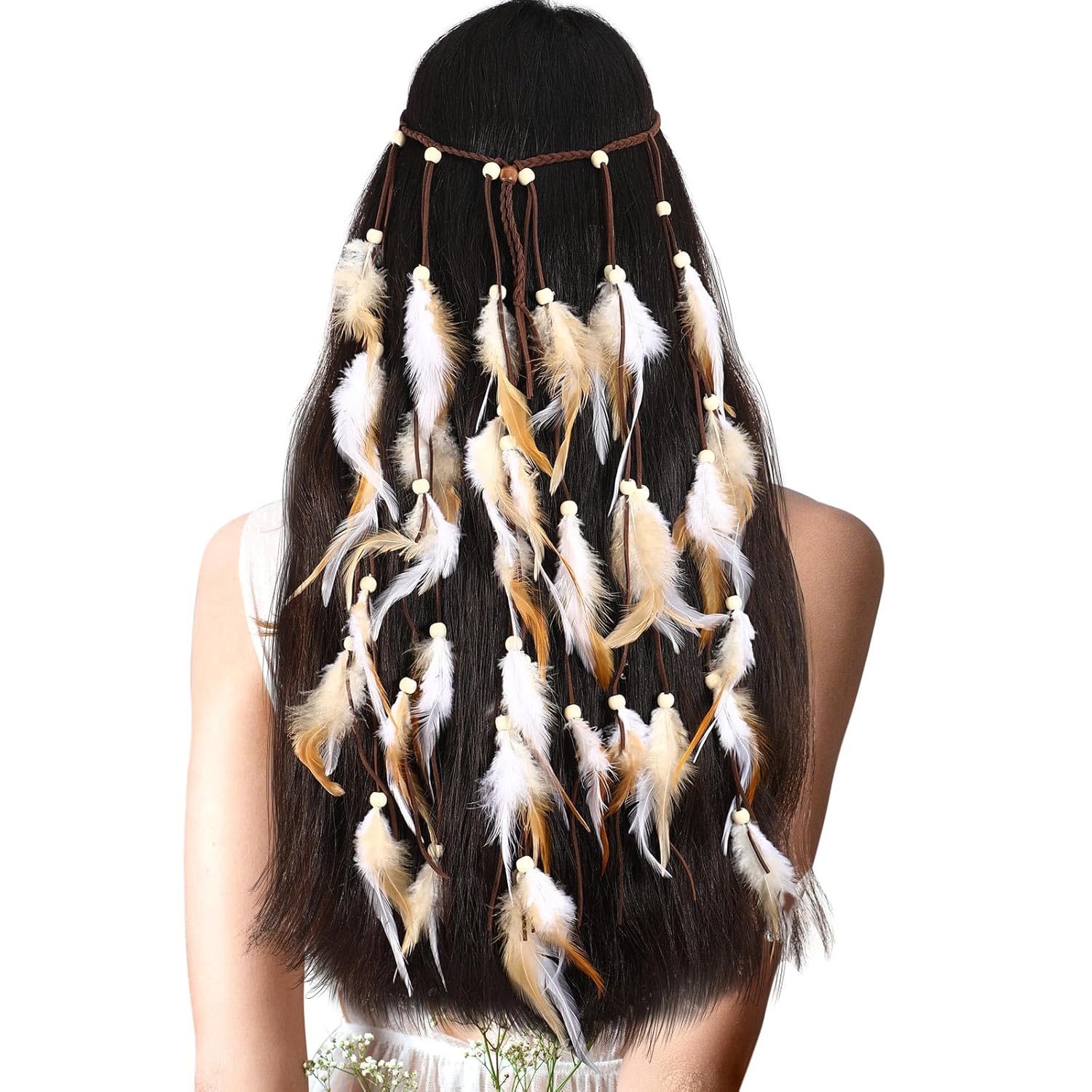 Buy now XunYee Feather Hippie Headband for Women - Indian Feather Hair Accessories for Costume (Classic Style) White and Dark Brown at indiglob india