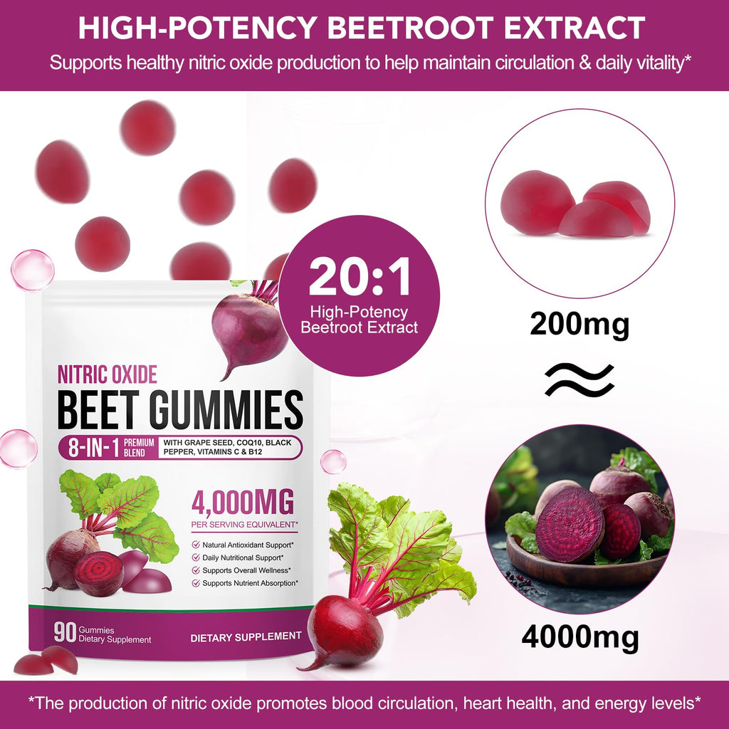 90 Chews Beet Root Gummies, Sugar Free | 8 in 1 Beet Root Extract with CoQ10, Grapeseed Extract 90 Chews for Antioxidant, Promoting Nitric Oxide, Energy Level Suport, with Vitamin B12, C