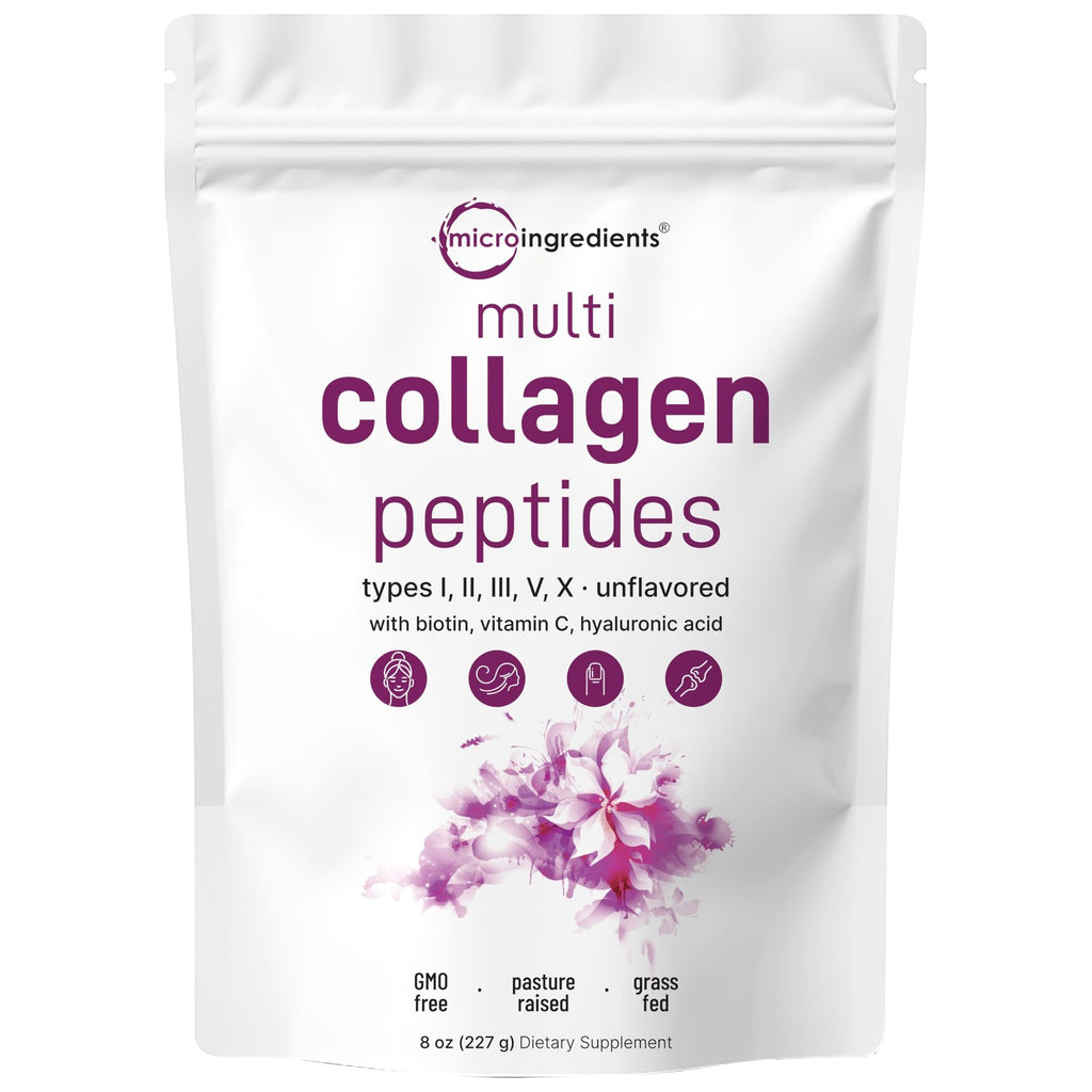 Micro Ingredients Multi Collagen Peptides Powder, 2lb (82 Servings) | Hydrolyzed Type I, II, III, V, X with Biotin, Hyaluronic Acid & Vitamin C. Unflavored Collagen for Women & Men, Easy Dissolve
