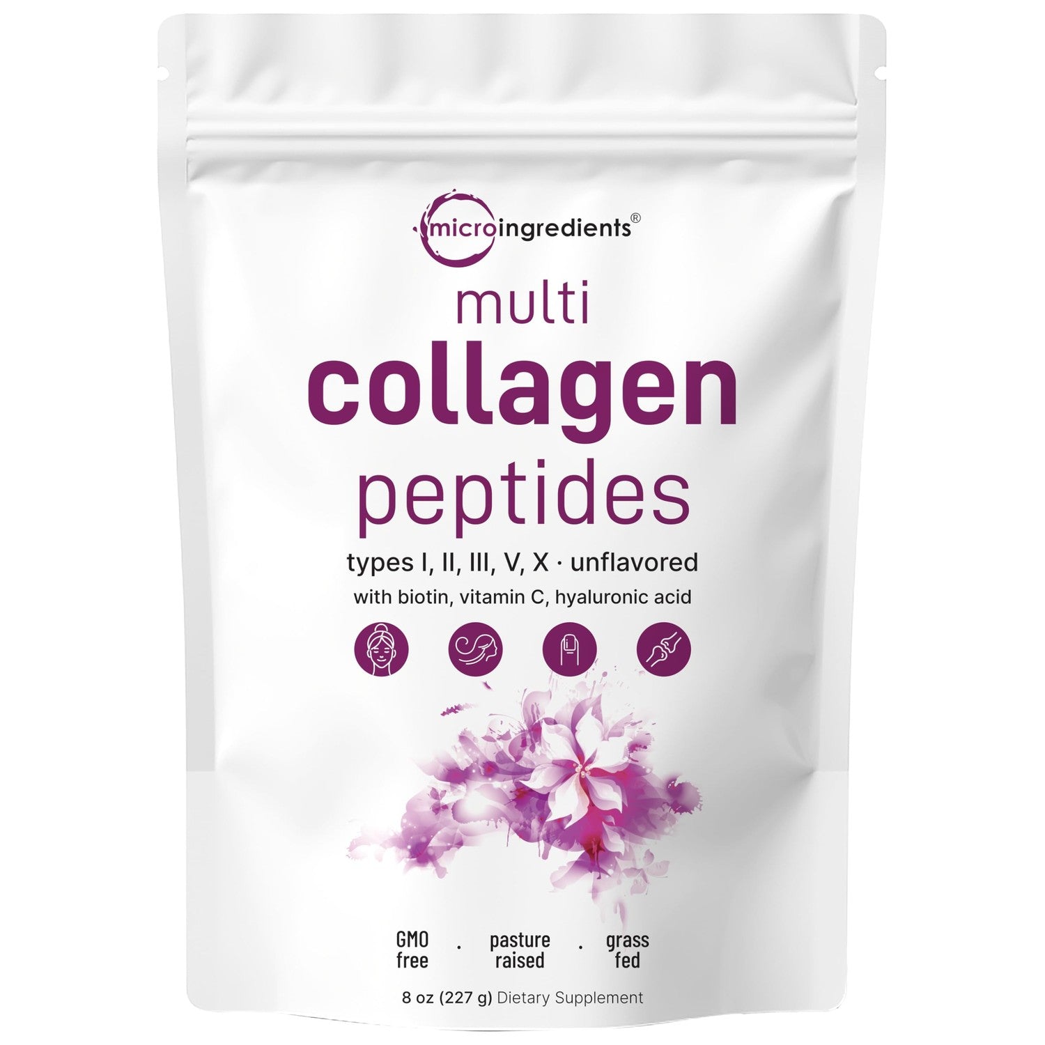 Micro Ingredients Multi Collagen Peptides Powder, 2lb (82 Servings) | Hydrolyzed Type I, II, III, V, X with Biotin, Hyaluronic Acid & Vitamin C. Unflavored Collagen for Women & Men, Easy Dissolve
