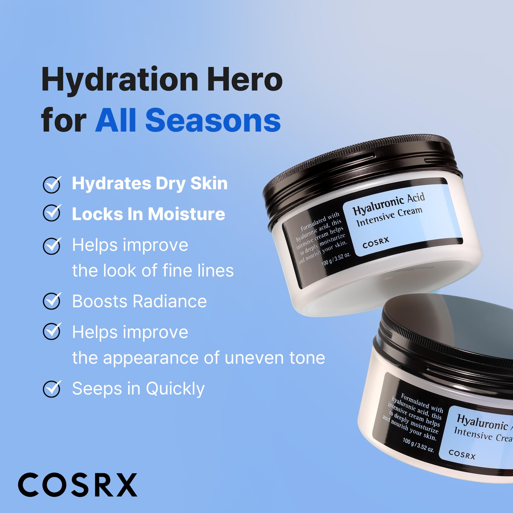COSRX Hyaluronic Acid Cream, Daily Moisturizer for Sensitive Skin, 3.52 oz | Lightweight, Non-Greasy, Long-lasting Hydration for Glass Skin, Moisture Barrier Repair, Korean Skin Care, 3.52 oz