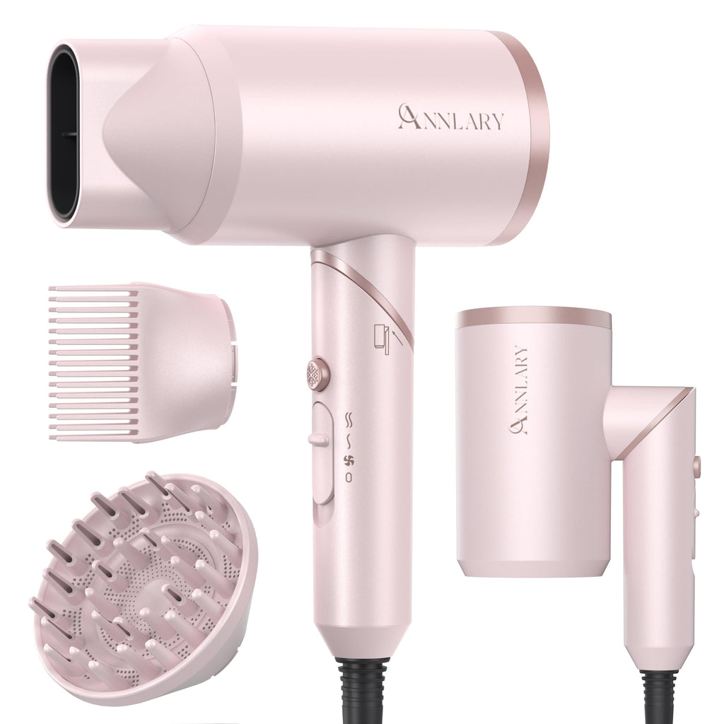 ANNLARY Hair Dryer with Comb, ANNLARY 1800W Blow Dryer with Diffuser for Curly Hair, Plasma Ionic Hair Dryer for Frizz Control, Foldable Portable Low Noise Hairdryer, 6.5 ft ALCI Cord （Pink）