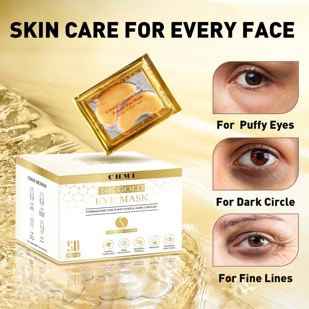 CHMI 24K Gold Under Eye Patches 50 Pairs Collagen, Dark Circles, Wrinkles | Puffy looking eyes, collagen skin care, hydrating eye mask, hydrogel, hyaluronic acid, vitamin E, men & women, travel, gift