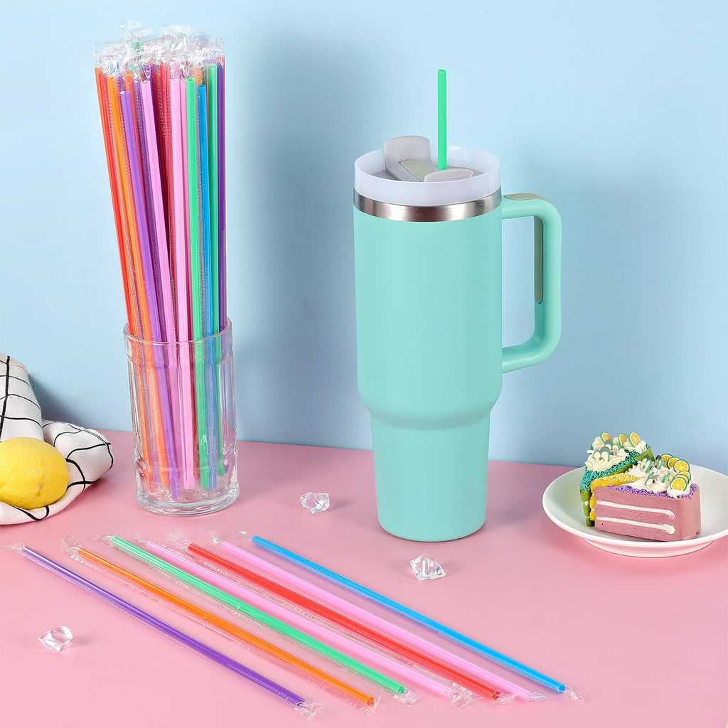 [100 Pcs] Disposable Straws for 40 OZ Tumbler - 12" Long 0.24" Diameter Colorful Plastic Straw for Stanley Cup 40 OZ 30 OZ, Individually Wrapped Extra Long Drinking Straws for Large Bottle