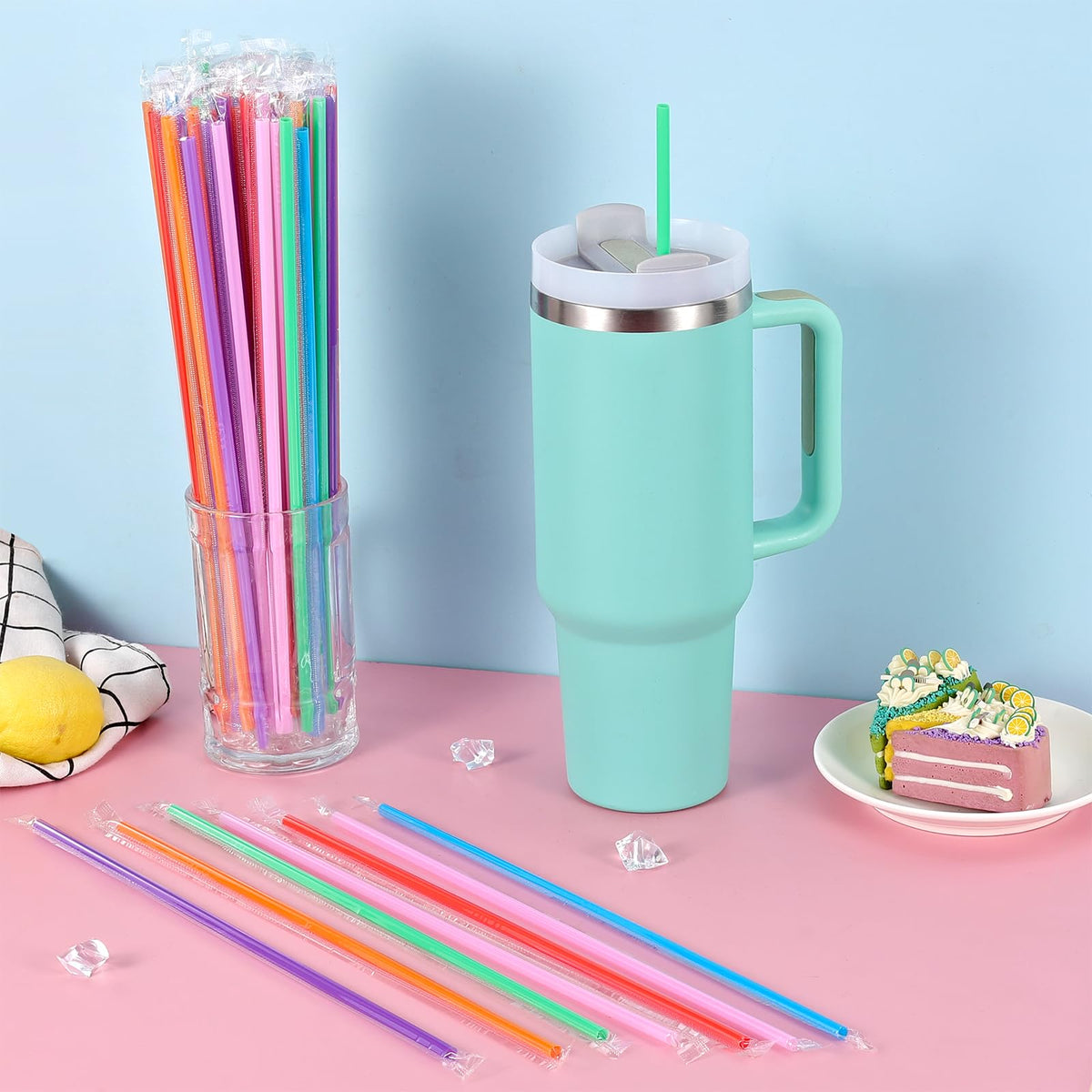 [100 Pcs] Disposable Straws for 40 OZ Tumbler - 12" Long 0.24" Diameter Colorful Plastic Straw for Stanley Cup 40 OZ 30 OZ, Individually Wrapped Extra Long Drinking Straws for Large Bottle