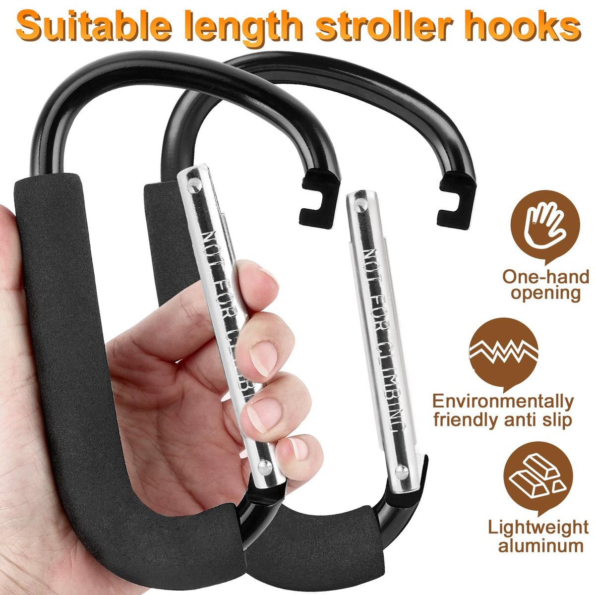 2 Pack Stroller Hooks, 6.3" Large Stroller Clips, Carabiner Clip