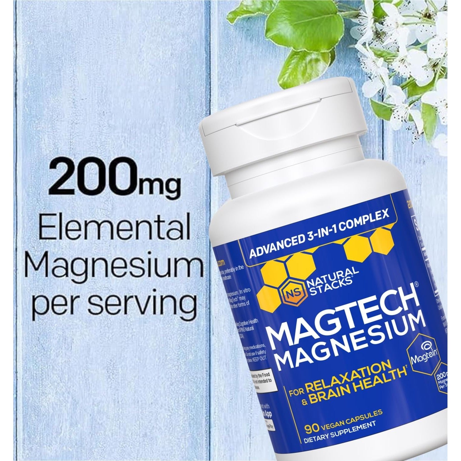 MagTech Magnesium Complex Glycinate, L-Threonate and Taurate, 90 Capsules | Advanced 3 in 1 200mg Chelated Triple Blend w/ Magtein - Supports Relaxation & Brain Health for Women & Men - Natural Stacks
