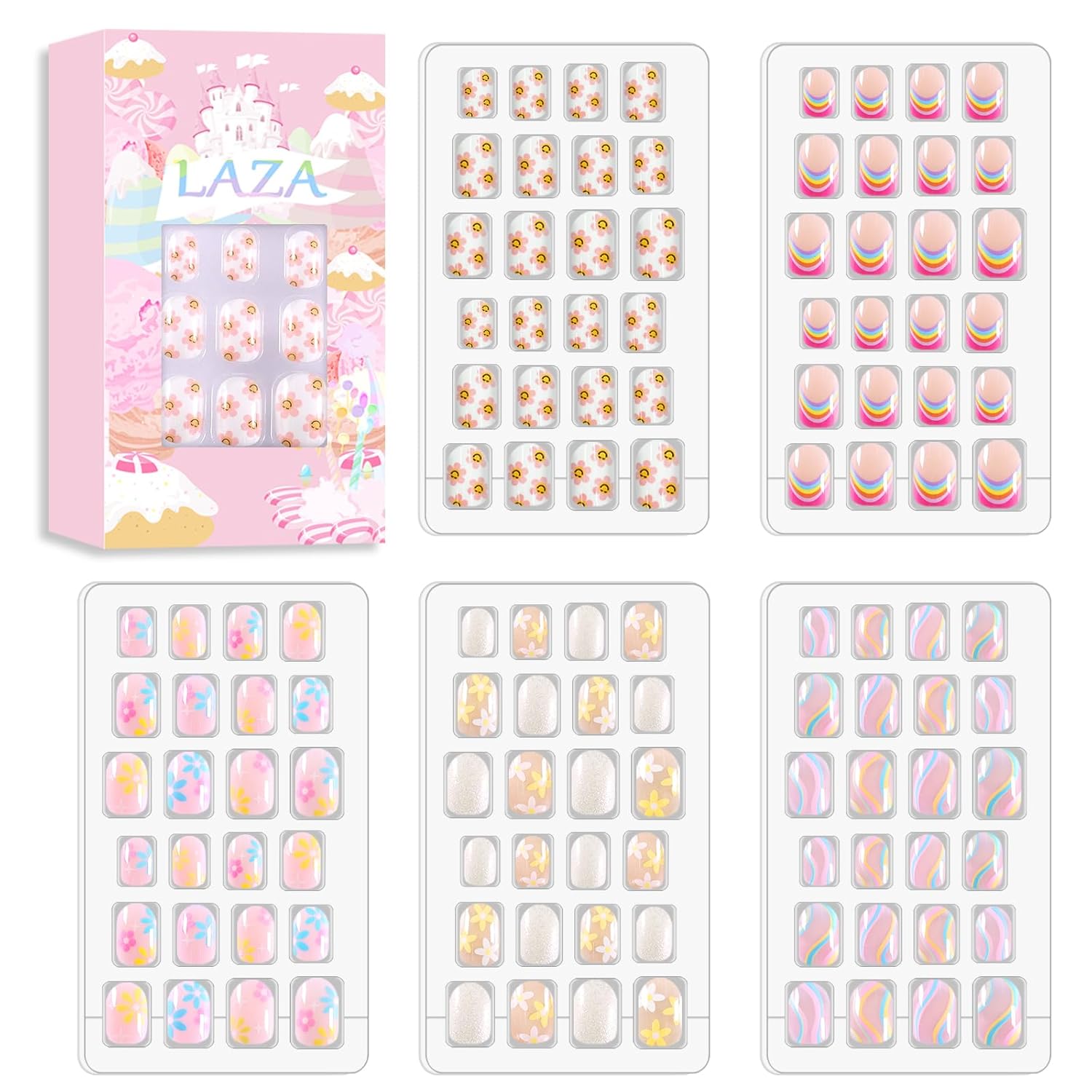 Buy now Laza 120pcs Children Nails Press On Pre-glue Full Cover Nail Tips Kit Glitter Gradient Color Rainbow Short Artificial False Nail Kits Lovely Christmas Gift for Children Kids Girls - Silver Pearl Rainbow Flower at indiglob india