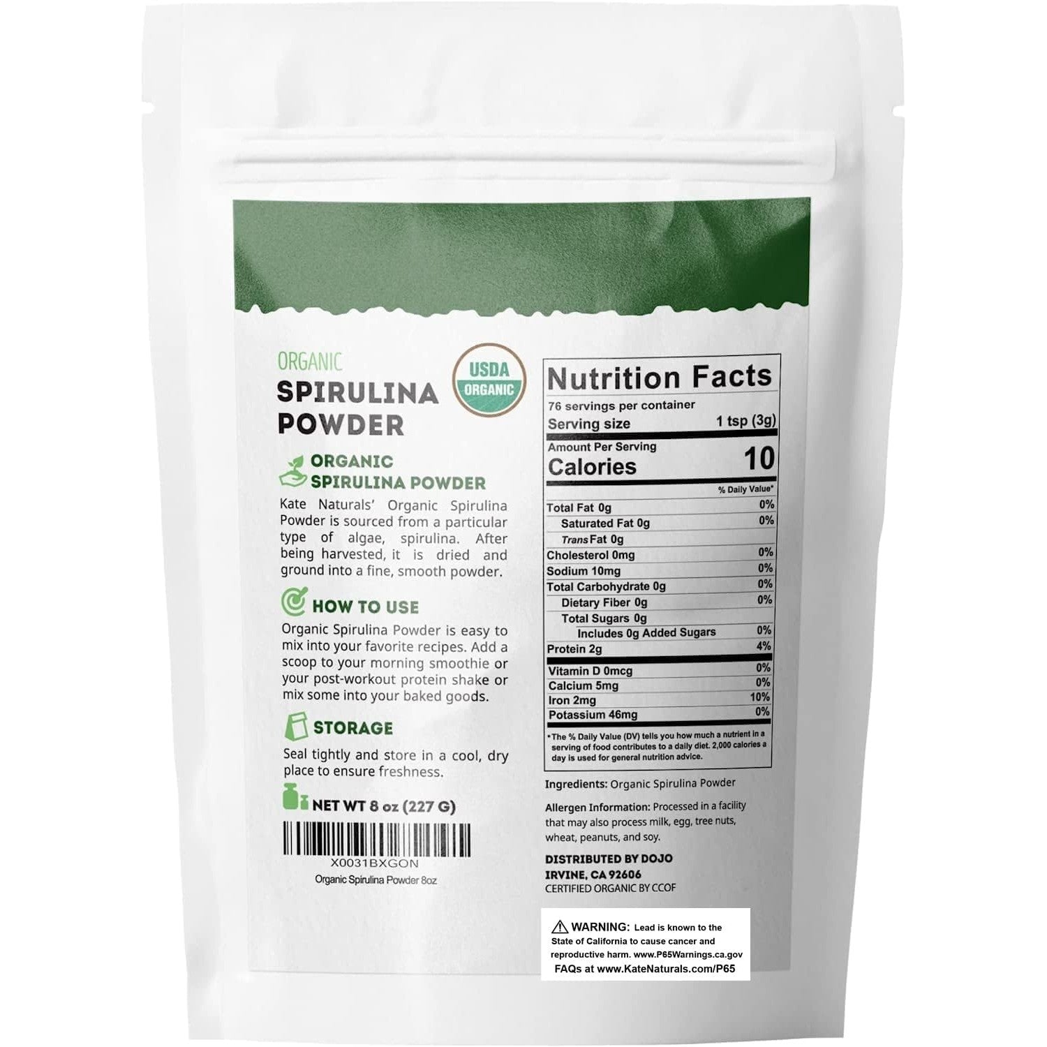 Kate Naturals Organic Spirulina Powder, Nutrient Dense Superfood (8oz) | USDA Certified, Non-GMO, Gluten- Free