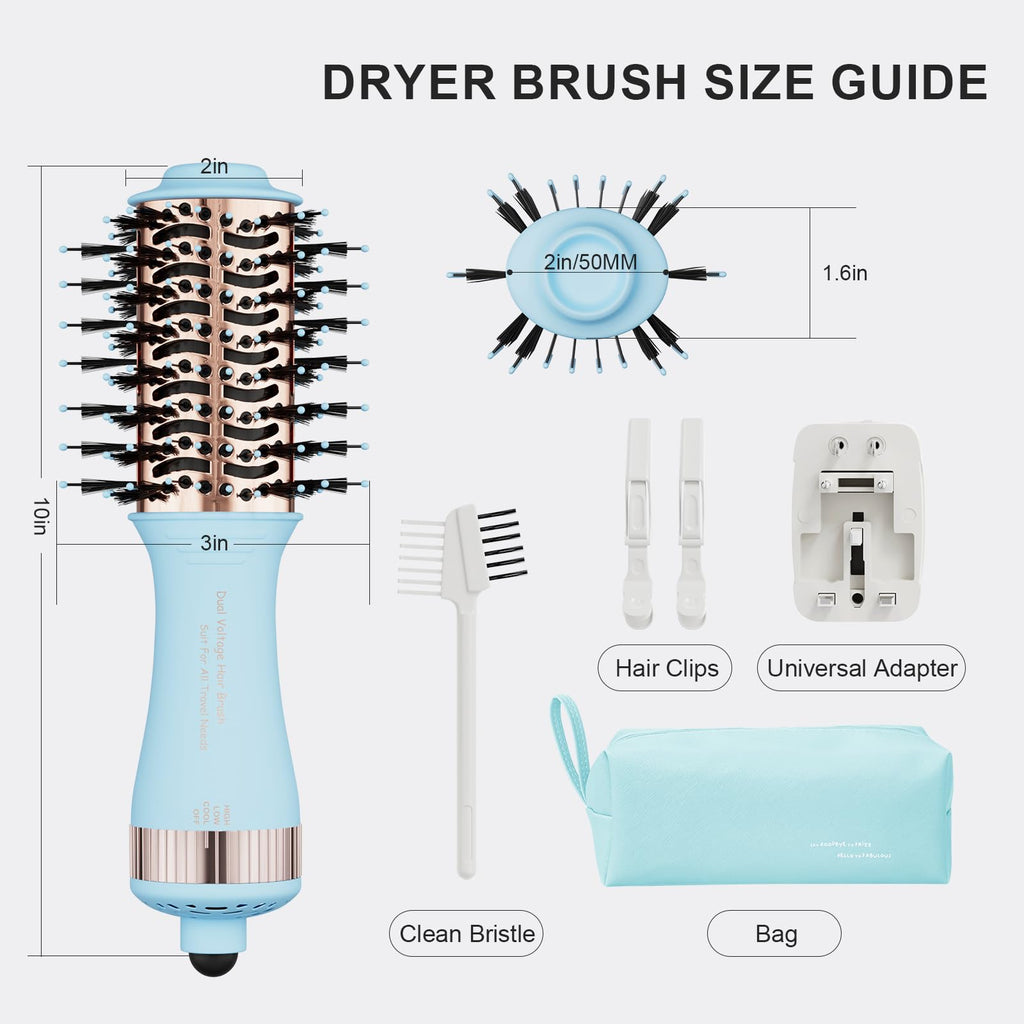 Premium imported 4-in-1 travel hair dryer brush with dual voltage, featuring size guide, accessories, and universal adapter.