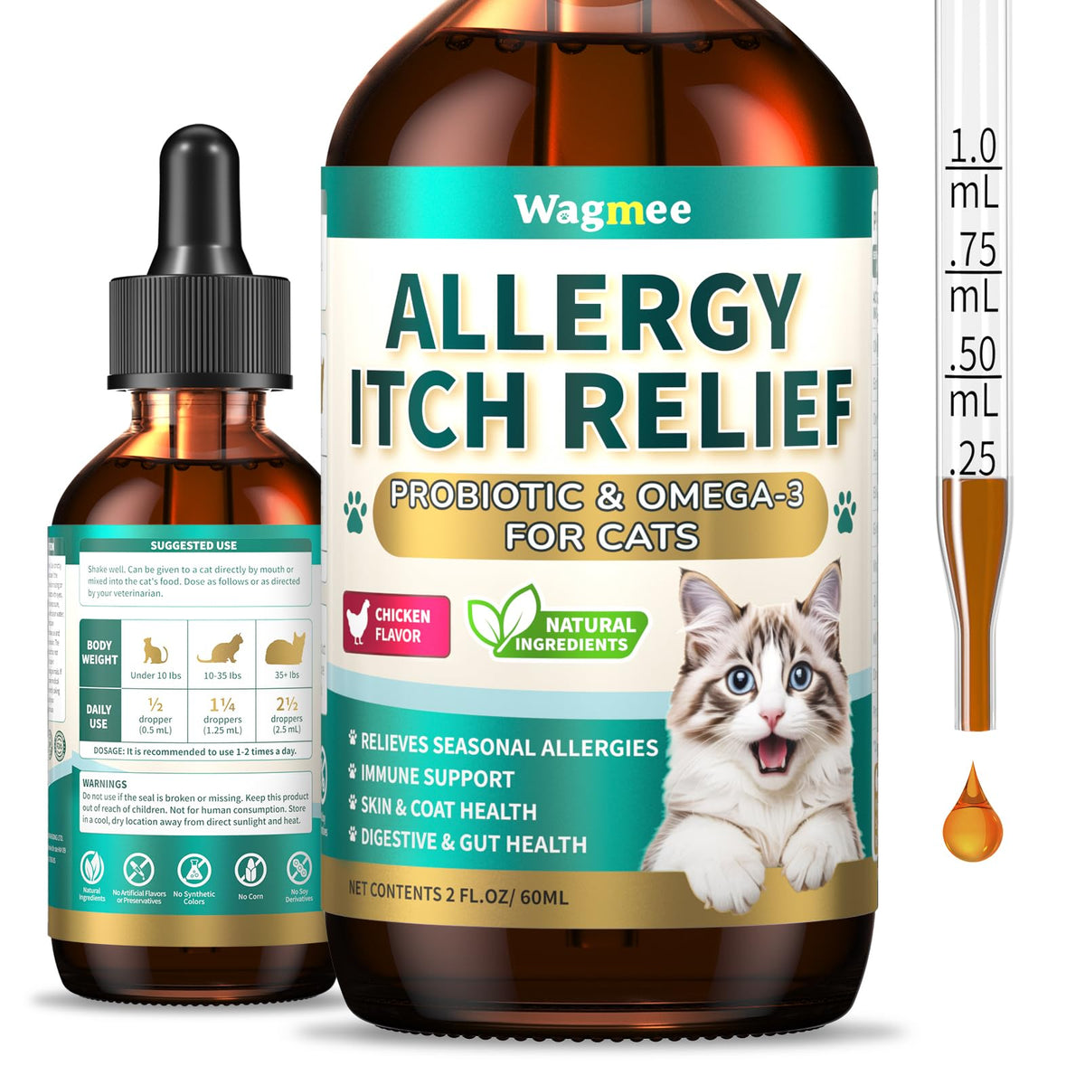 Allergy Relief for Cats, Cat Itchy Skin Relief - Omega 3 & Probiotic, 60ml
