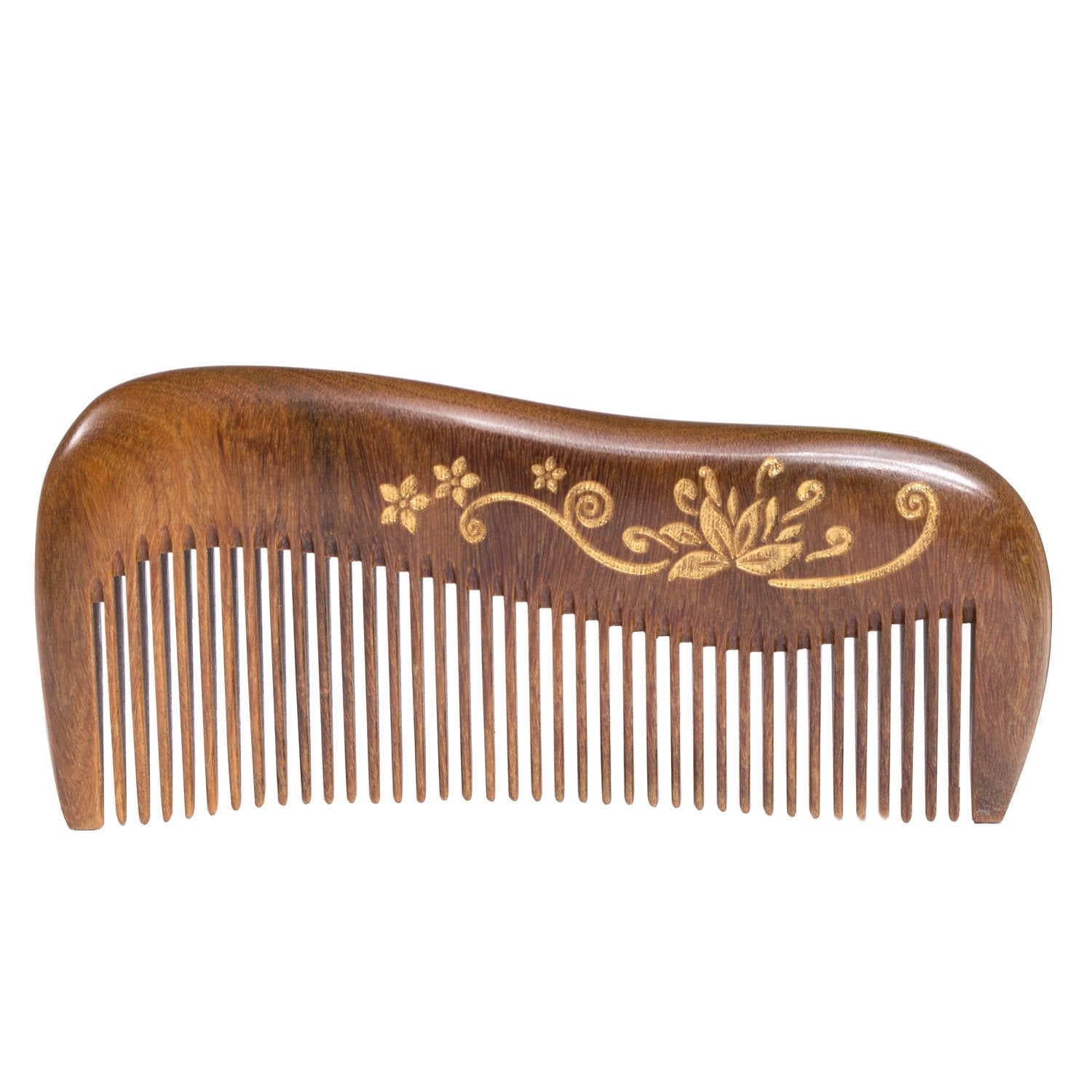 Buy now Breezelike Sandalwood Hair Comb - No Static Handmade Wooden Fine Tooth Detangling Comb with Golden Painted Flower at indiglob india