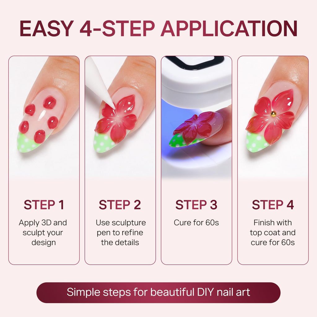 Discover MIZHSE 3D Sculpting Gel for nail art with steps for easy DIY application, featuring vibrant designs and professional results.