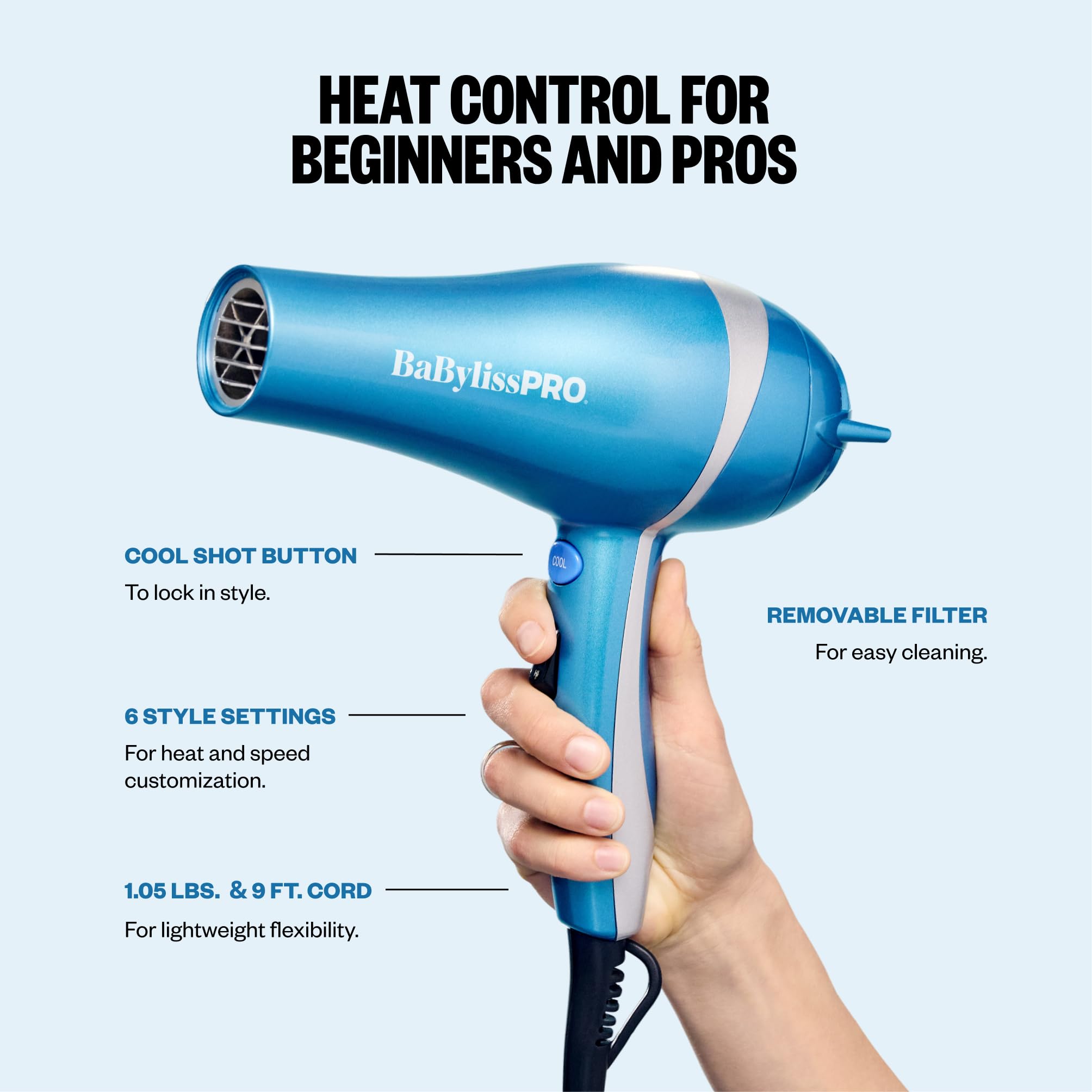 BaBylissPRO Nano Titanium 2000-Watt Blow Dryer with Concentrator Nozzle, Professional Grade Ionic Corded Styling Tool for Hair
