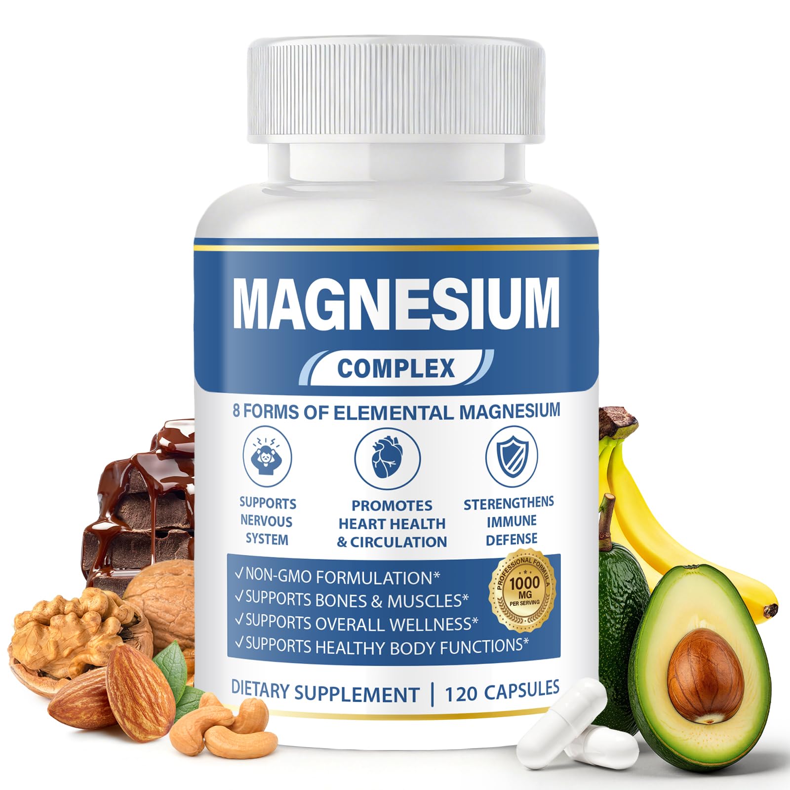 1000mg Magnesium Complex 8 in 1 for Women & Men Vegan Magnesium Supplement | With Glycinate, Citrate, Malate, Taurate & More Magnesium Forms, Vegan Formula for Sleep, Fatigue & Heart Health 120 Capsules