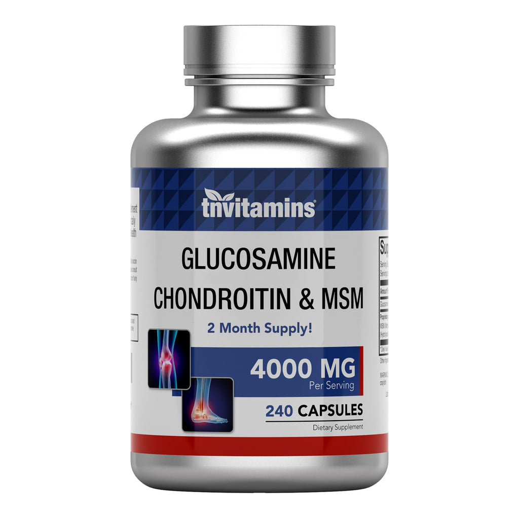 tnvitamins Glucosamine Chondroitin MSM, 240 Capsules, 4,000 mg Per Serving, Glucosamine Sulfate 2KCl, Joint Support Supplement for Men & Women