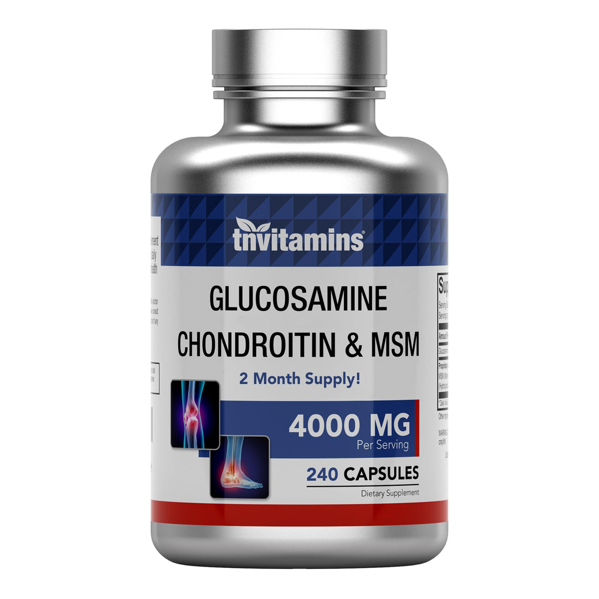 tnvitamins Glucosamine Chondroitin MSM, 240 Capsules, 4,000 mg Per Serving, Glucosamine Sulfate 2KCl, Joint Support Supplement for Men & Women