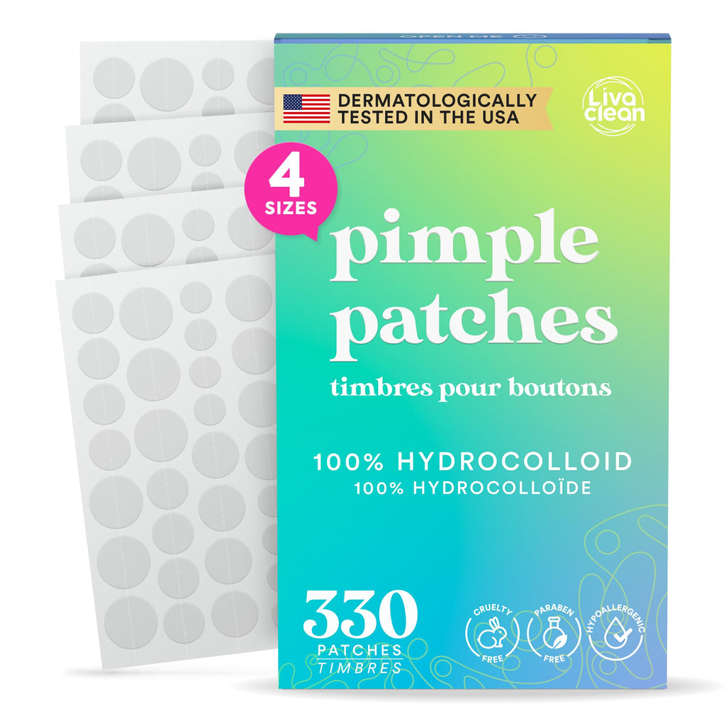 LivaClean 330 CT Pimple Patches for Face w/Salicylic Acid, Tea Tree Oil & Calendula Oil - Four Sizes - Pimple Patch, Hydrocolloid Patch, Acne Patches for Face