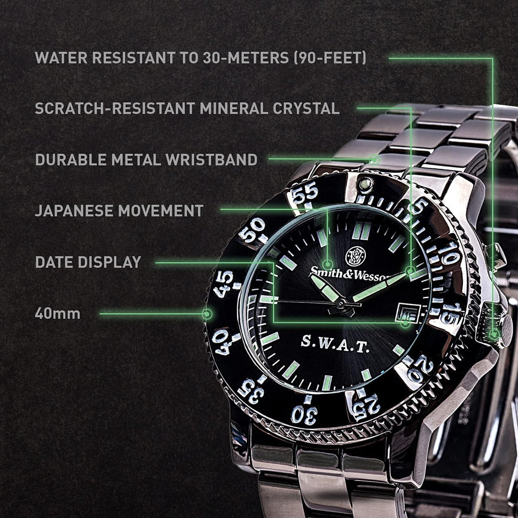 Buy now Smith & Wesson Men's S.W.A.T. Watch, 3ATM, Stainless Steel Caseback, Glowing Hands, Back Glow, Tactical Watch, Precision Quart, Scratch Resistant, 40mm, Christmas Gift at indiglob india
