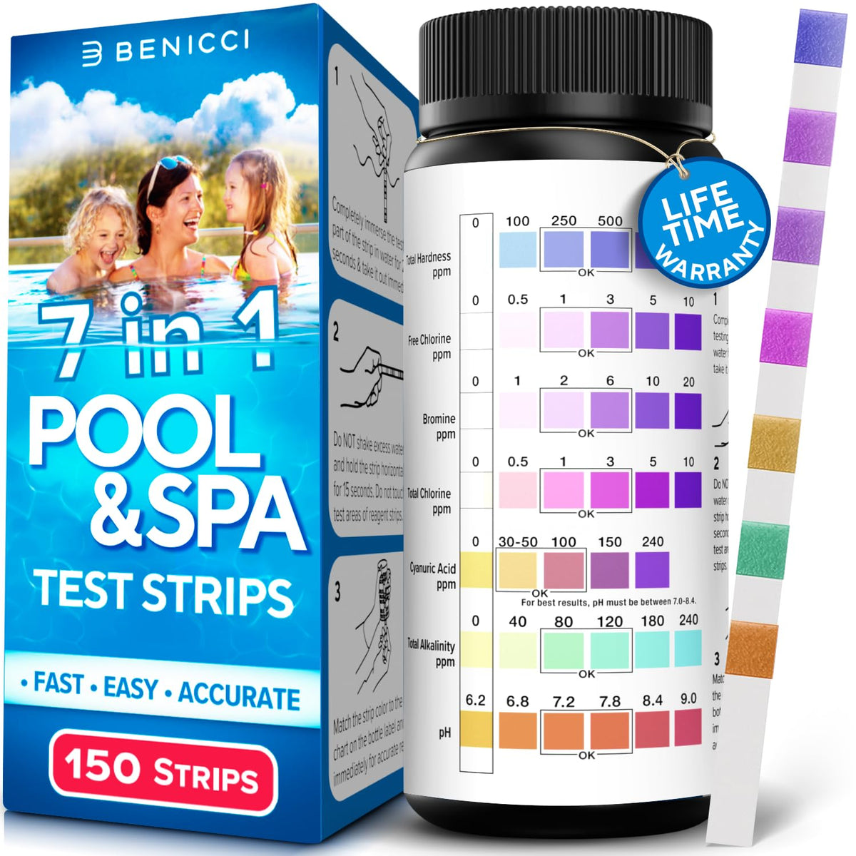 150 Pool Test Strips, Spa Test Strips for Hot Tub, 7 in 1 Water Kit