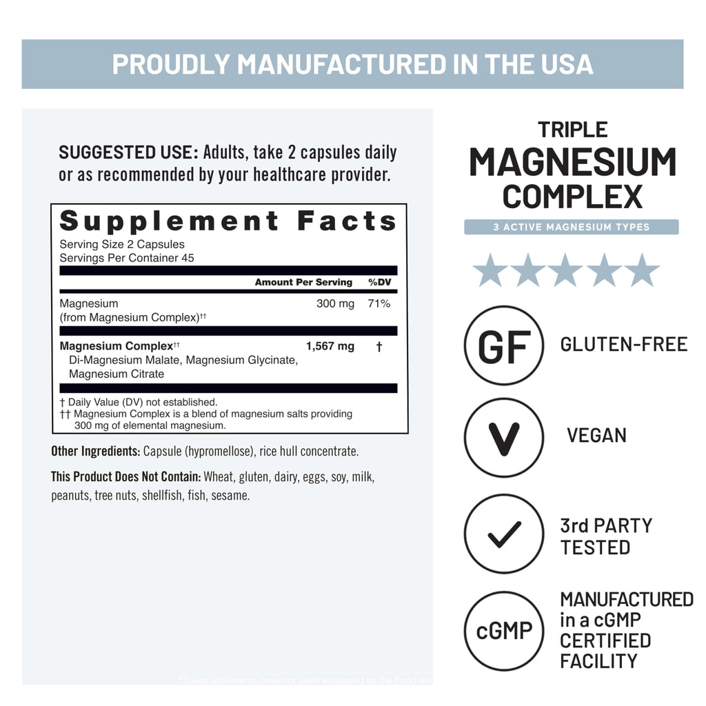 NatureWise Triple Magnesium Complex - Chelated - High Absorption Magnesium Glycinate + Malate + Citrate for Muscle Nerve & Sleep Support - Vegan 90 Capsules