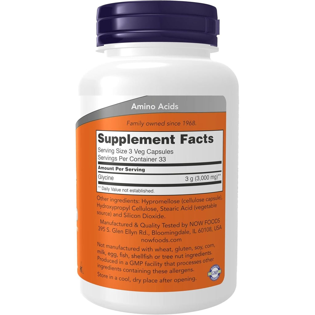 Buy now NOW Foods Supplements, Glycine 1,000 mg Free-Form, Neurotransmitter Support*, 100 Veg Capsules at indiglob india