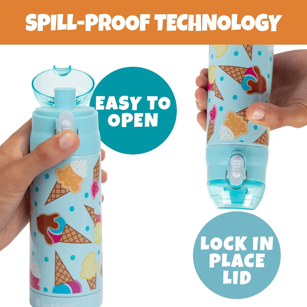 Buy now Bentology Stainless Steel 13 oz Reusable Water Bottle for Kids, Ice Cream - Double Wall Insulated, Spill Proof Lid w/Built-in Straw- Keep Liquids Hot or Cold For Hours- Fits in Lunch Boxes & Bags at indiglob india