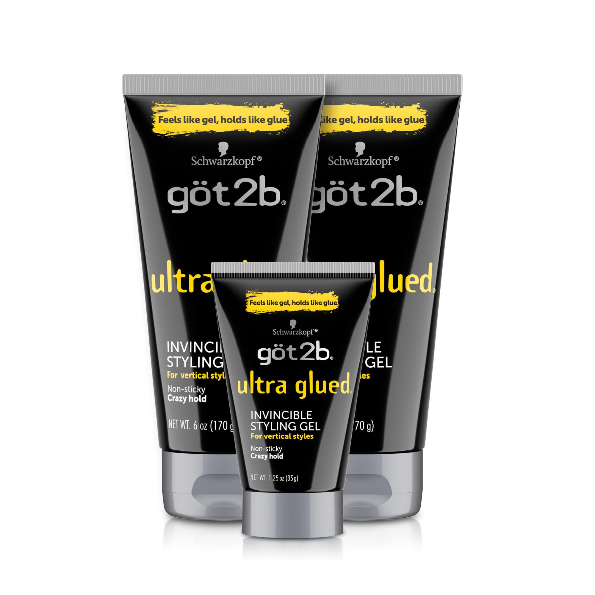 Got2B Ultra Glued Hair Gel, Extra Strong Hold, 6 Fl Oz + 1.25 Fl Oz | Locks styles in place, Non-sticky no-flake formula, Travel size included, For vertical spikes, Alpha XTR technology