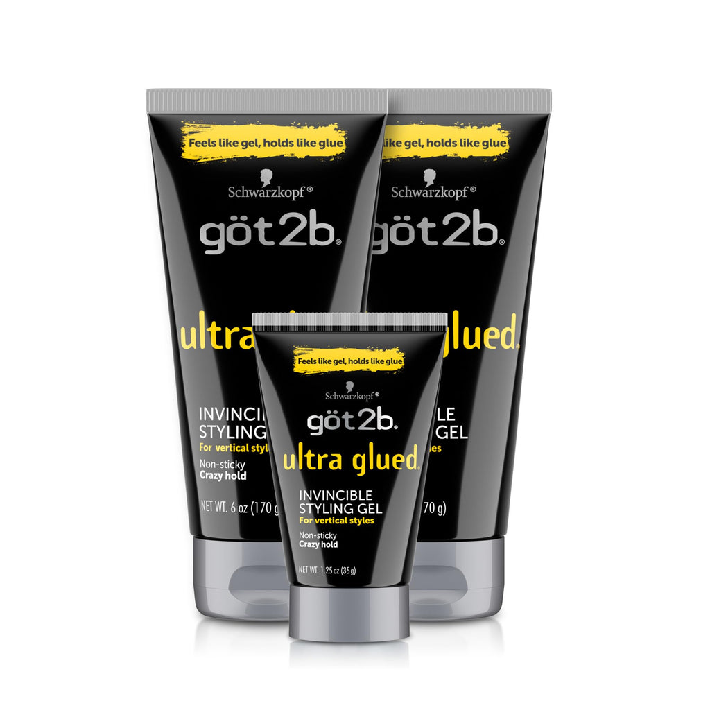 Got2B Ultra Glued Hair Gel, Extra Strong Hold, 6 Fl Oz + 1.25 Fl Oz | Locks styles in place, Non-sticky no-flake formula, Travel size included, For vertical spikes, Alpha XTR technology