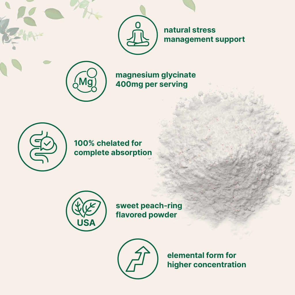 Magnesium Glycinate Powder, 12oz (56 Servings) | Sweet Peach Ring Flavored | Sleep, Muscle, Heart & Nerve Health Support* | Chelated Magnesium Supplement | Non-GMO, Vegan, Sugar Free