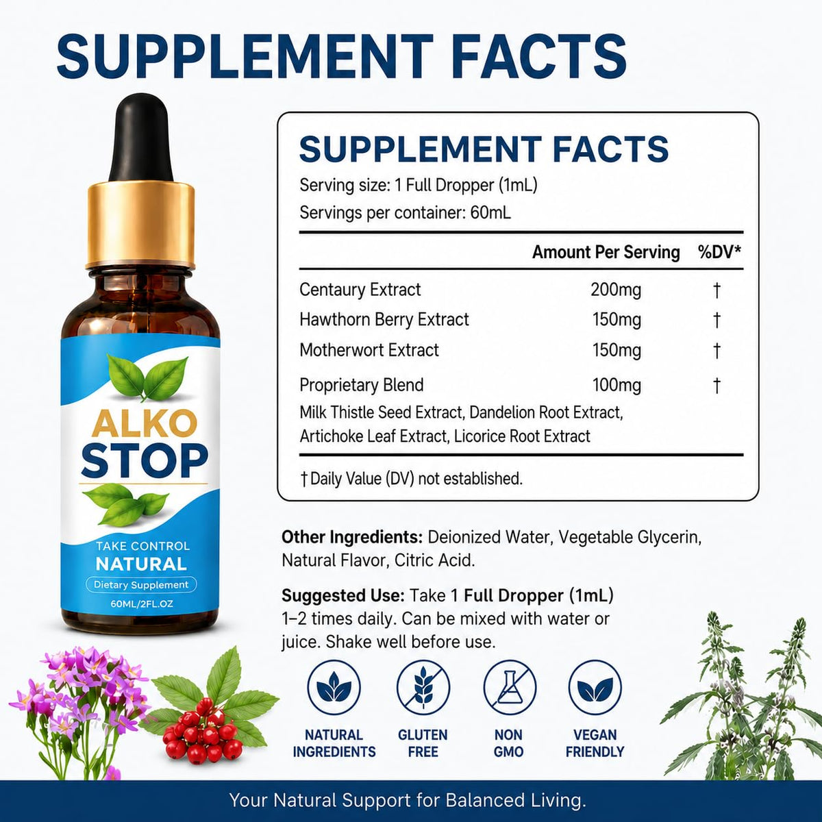 ALKO STOP Drops, Herbal Balance Drops, Natural Plant-Based Essence for Calm Focus & Clarity, Control Support, Emotional Balance Aid, Wellness Routine Drops for a Centered Lifestyle, 60ml/2 Fl Oz