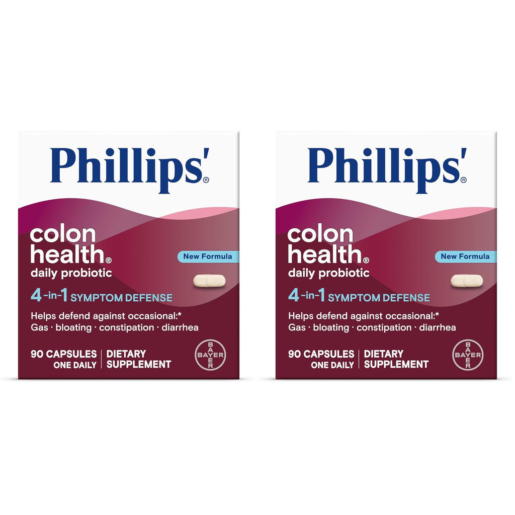 Phillips' Colon Health Daily Probiotic Capsules, 4-in-1 Symptom Defense to Help Defend Against Occasional Gas, Bloating, Constipation, and Diarrhea, Daily Supplement, 90 Count