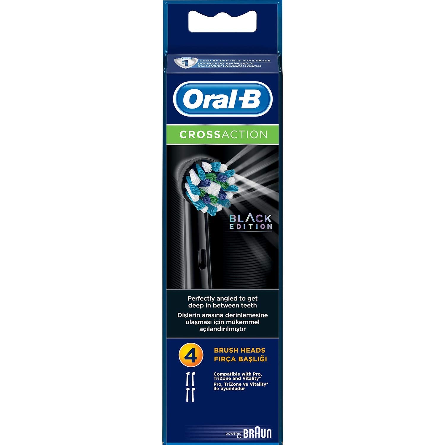 Buy now Oral-B Genuine CrossAction Replacement Black Toothbrush Heads, Refills for Electric Toothbrush, Angled Bristles for up to 100 Percent More Plaque Removal, Pack of 4 at indiglob india