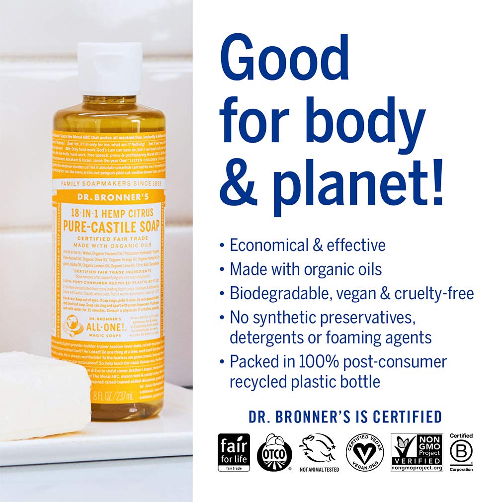 Buy now Dr. Bronner's - Pure-Castile Liquid Soap (Citrus, 8 ounce) - Made with Organic Oils, 18-in-1 Uses: Face, Body, Hair, Laundry, Pets and Dishes, Concentrated, Vegan, Non-GMO at indiglob india