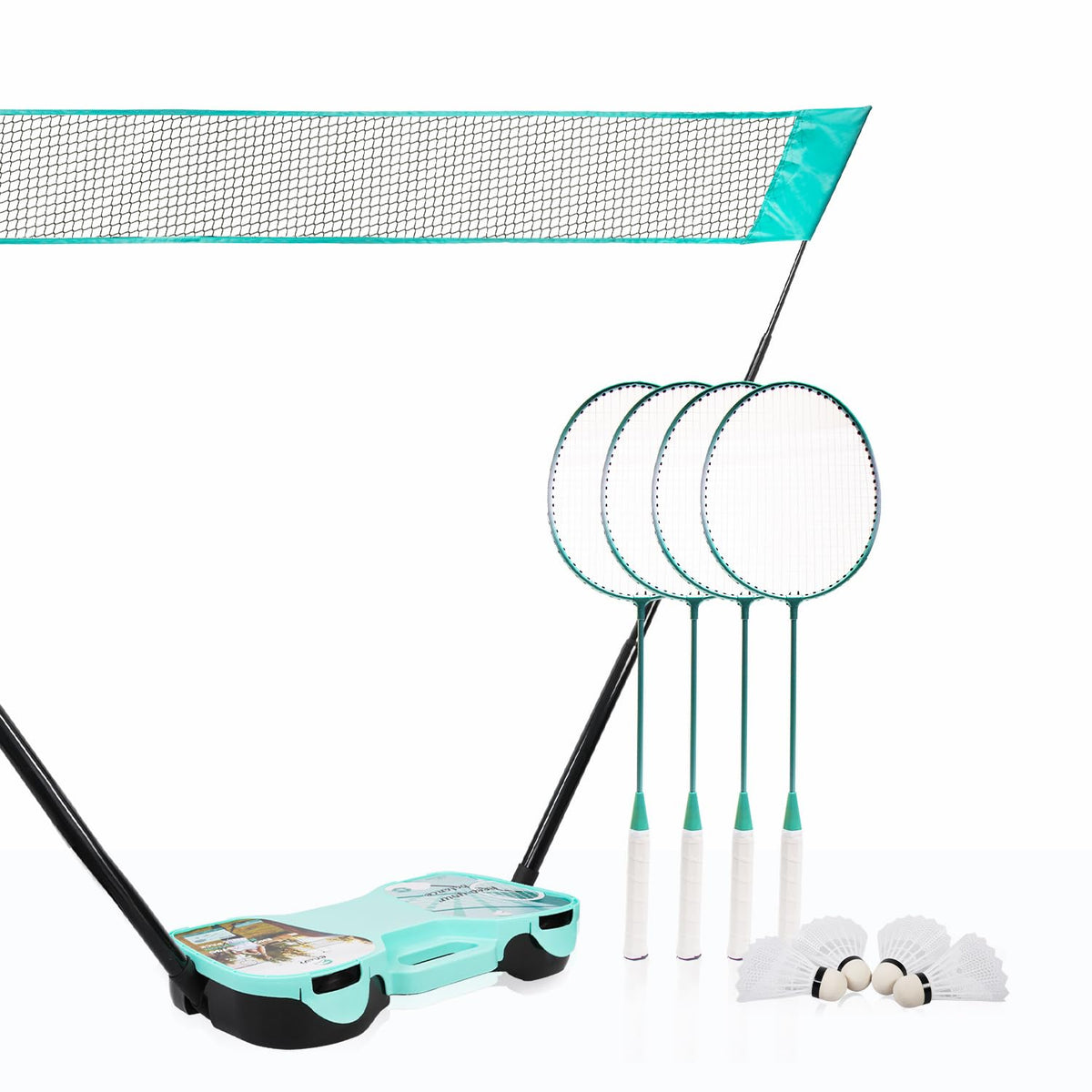 EasyGo Badminton Set with Net, 4 Rackets, 4 Shuttlecocks, Portable Storage Box, for Backyards, Outdoor Games, Yard Games