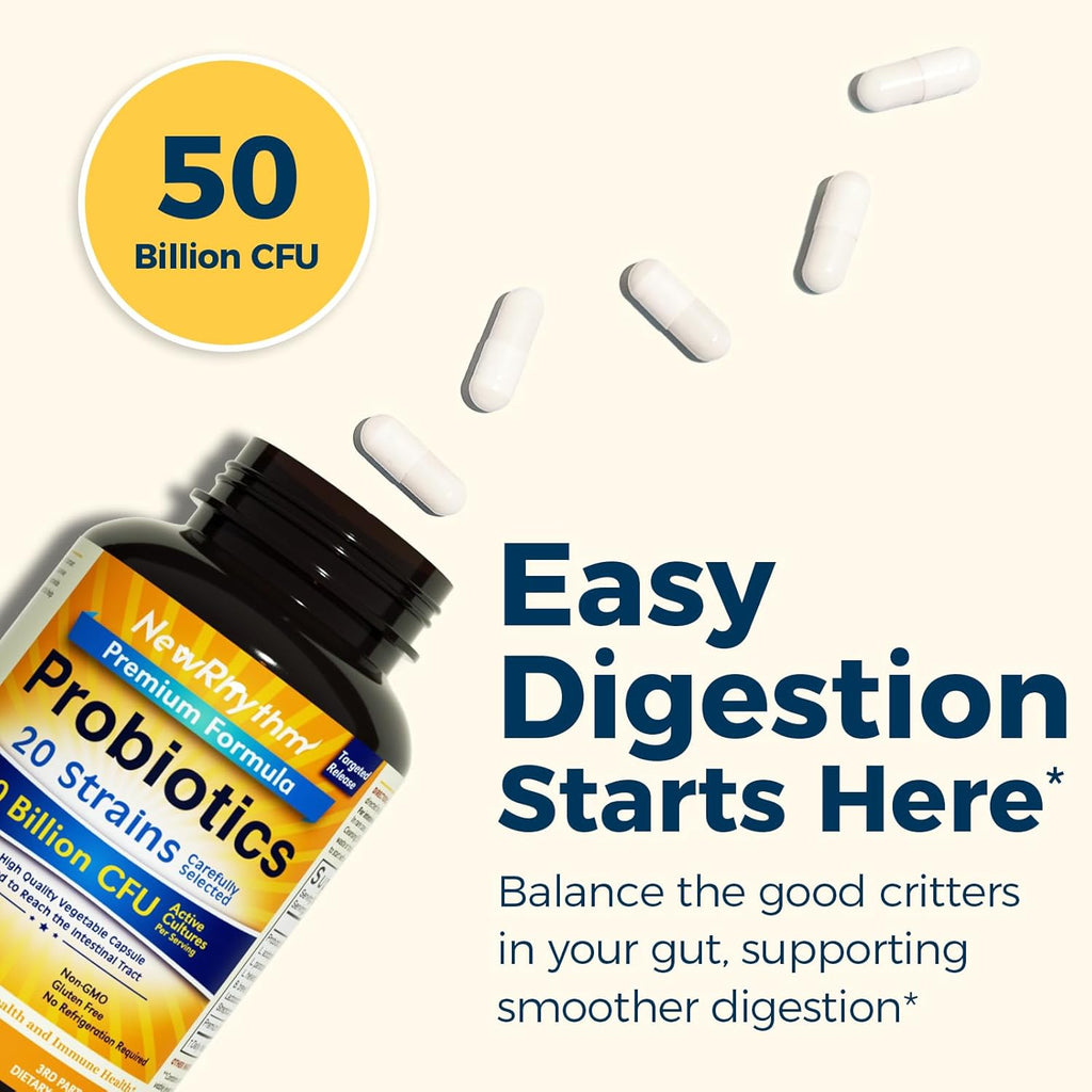 Buy now NewRhythm Probiotics 50 Billion CFU 20 Strains, 60 Veggie Capsules, Targeted Release Technology, Stomach Acid Resistant, No Need for Refrigeration, Non-GMO, Gluten Free at indiglob india